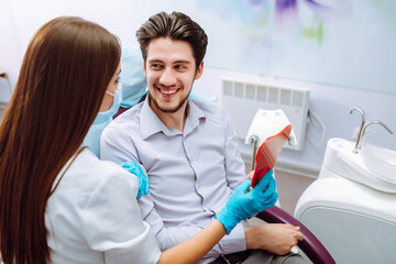 Dentist woman examining a patient's teeth in the dentistry. Overview of dental caries prevention....