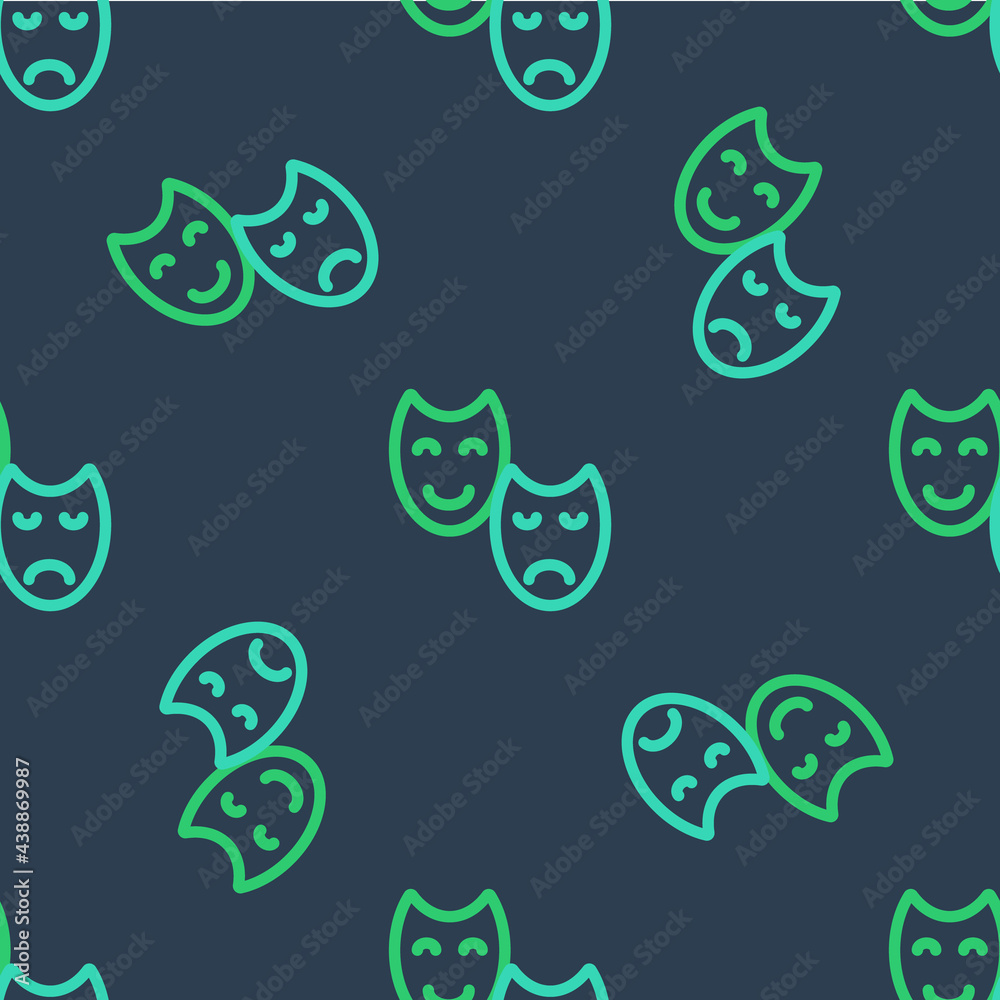 Sticker Line Comedy and tragedy theatrical masks icon isolated seamless pattern on blue background. Vector