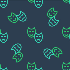 Line Comedy and tragedy theatrical masks icon isolated seamless pattern on blue background. Vector