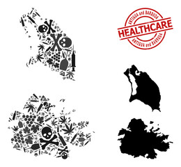 Vector narcotic composition map of Antigua and Barbuda. Grunge health care round red seal stamp. Template for narcotic addiction and health care promotion.