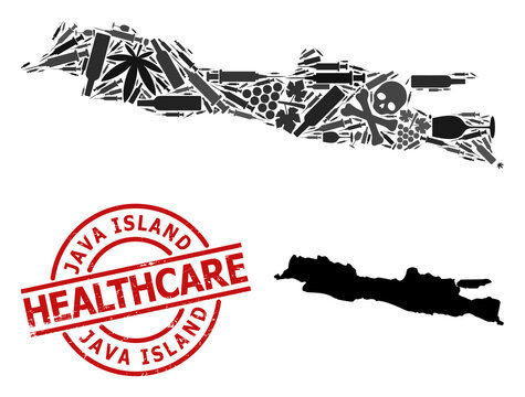 Vector addiction collage map of Java Island. Rubber healthcare round red rubber imitation. Template for narcotic addiction and health care applications.