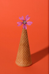 Pink flower windmill and ice cream cone. Isolated on orange background. 