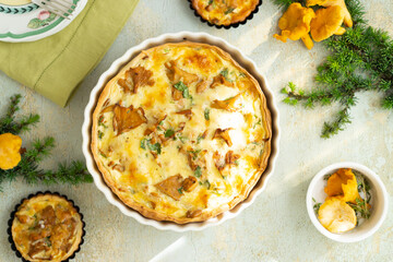 Homemade chanterelle pie. quiche with chanterelle mushrooms.