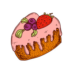 Hand drawn cake in heart shape with strawberry. Vector illustration. Valentines day design element