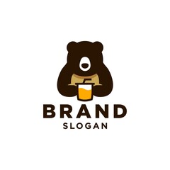 bear and cup logo, bear holding juice drink with straw Mascot cartoon vector icon illustration