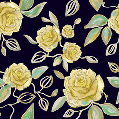 Hand drawn watercolor and line art floral seamless pattern with tender yellow peonies, roses, rhododendrons in vector on the black background. Flowering rose branch, print.