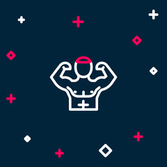 Line Bodybuilder showing his muscles icon isolated on blue background. Fit fitness strength health hobby concept. Colorful outline concept. Vector