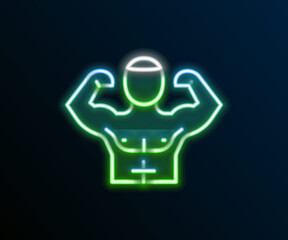 Glowing neon line Bodybuilder showing his muscles icon isolated on black background. Fit fitness strength health hobby concept. Colorful outline concept. Vector