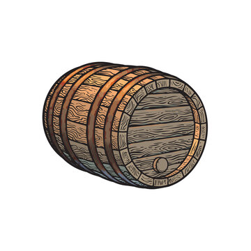 Old wooden barrel with stopper lying on its sideHand drawn vector illustrations.