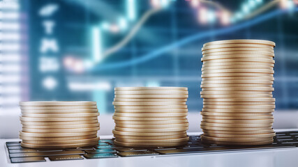 Golden coins stacks on laptop. Render 3D. Bitcoin. Cryptocurrency. Digital currency	