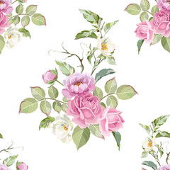 pattern with bouquets of pink roses