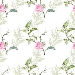 branch of pink roses and meadow herbs