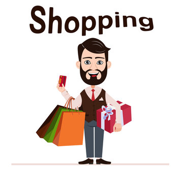 Cartoon character makes purchases with a credit card. Vector illustration of a cartoon man with a credit card and bags. Image for animation. All the details are on separate layers. Editable strokes



