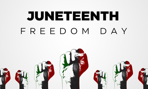 Honoring Juneteenth Freedom Day Banner with Fists in a row. Abstract freedom celebration backdrop design
