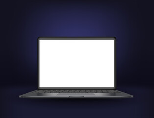 Black laptop on dark background. Vector mockup with blank screen