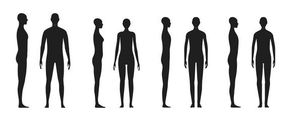Man, woman, teenager and gender neutral person silhouette. Side and front view shadow of a male, female, and agender human body.