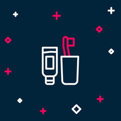 Line Toothbrush and tube of toothpaste icon isolated on blue background. Disposable bathroom supplies. Colorful outline concept. Vector