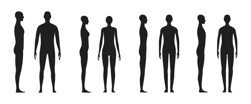 Man, woman, teenager and gender neutral person silhouette. Side and front view shadow of a male, female, and agender human body.