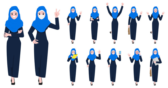 Arab Muslim Woman Pose Set In Job Occupation Office Character.