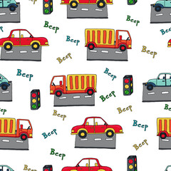 
Children's illustration with cars, traffic lights and roads. Seamless pattern. Vector image. 
For children's textiles, backgrounds