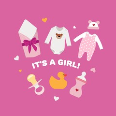 Things for a newborn baby girl. Illustration in flat style.