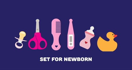 Newborn care kit. Illustration in flat style.