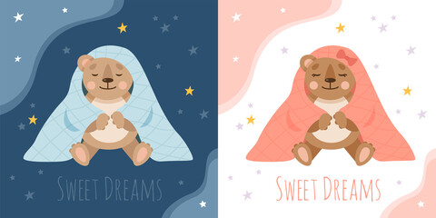 Two scenes with sleeping teddy bear in a blanket. Boy and girl bears. Cute animals for nursery. Vector flat illustration for children.