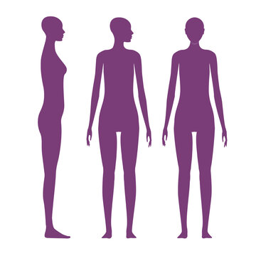 Front and side views human body silhouette of an adult female. Shadow of a standing woman with a head turned to the shoulder.