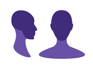 Gender neutral front and side view profile avatar silhouette with a highlighted skull and chin area.