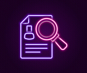 Glowing neon line Document, paper analysis magnifying glass icon isolated on black background. Evidence symbol. Colorful outline concept. Vector