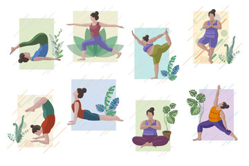 Women in various poses of yoga
