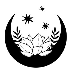 Magic black moon with stars and lotus on white background.