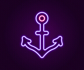Glowing neon line Anchor icon isolated on black background. Colorful outline concept. Vector