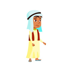 arabian boy in traditional clothes walking in dessert cartoon vector. arabian boy in traditional clothes walking in dessert character. isolated flat cartoon illustration