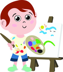 A Cute and Adorable Child Character in Cartoon Style. Kindergarten Preschool Kid Dressed as Professional Artist and Painter. Small Kid painting with brush. Dream job. Big Dreams. Life Goals.