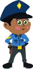 A Cute and Adorable Child Character in Cartoon Style. Kindergarten Preschool Kid Dressed as Professional Police Officer. Small Kid posing has Sheriff. Dream job. Big Dreams. Life Goals.