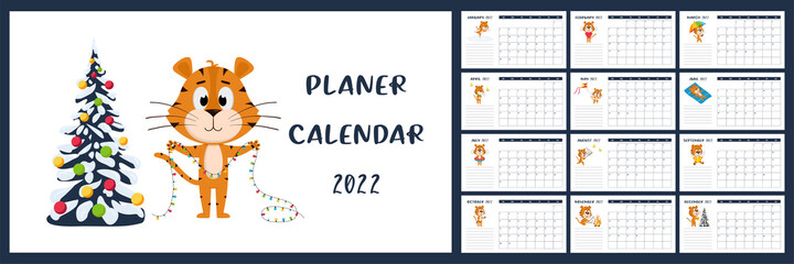 Horizontal Desktop Calendar Template 2022. Week starts on Sunday. Ready-to-print calendar with Chinese year symbol cartoon Tiger. A set of 12 pages and a cover. All months.white background