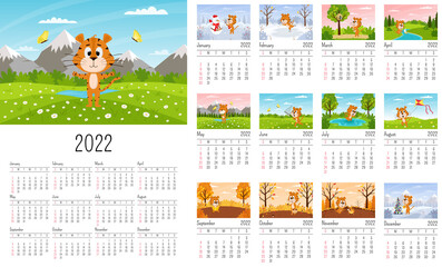 Vertical Wall Calendar Template 2022. The week starts on Sunday. Ready-to-print calendar with Chinese year symbol cartoon Tiger. A set of 12 pages and a cover. All months.landscape background.