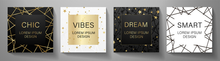 Modern black frame - square design set. Luxury holiday creative line pattern and golden stars for holiday banner. Vector luxe collection background