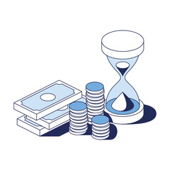 Hourglass money coins. Vector 3d line isometric, color web icons, new flat style. Creative design idea for infographics.