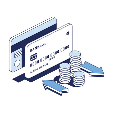 Credit debit card, coins arrows. Vector 3d line isometric, color web icons, new flat style. Creative design idea for infographics.