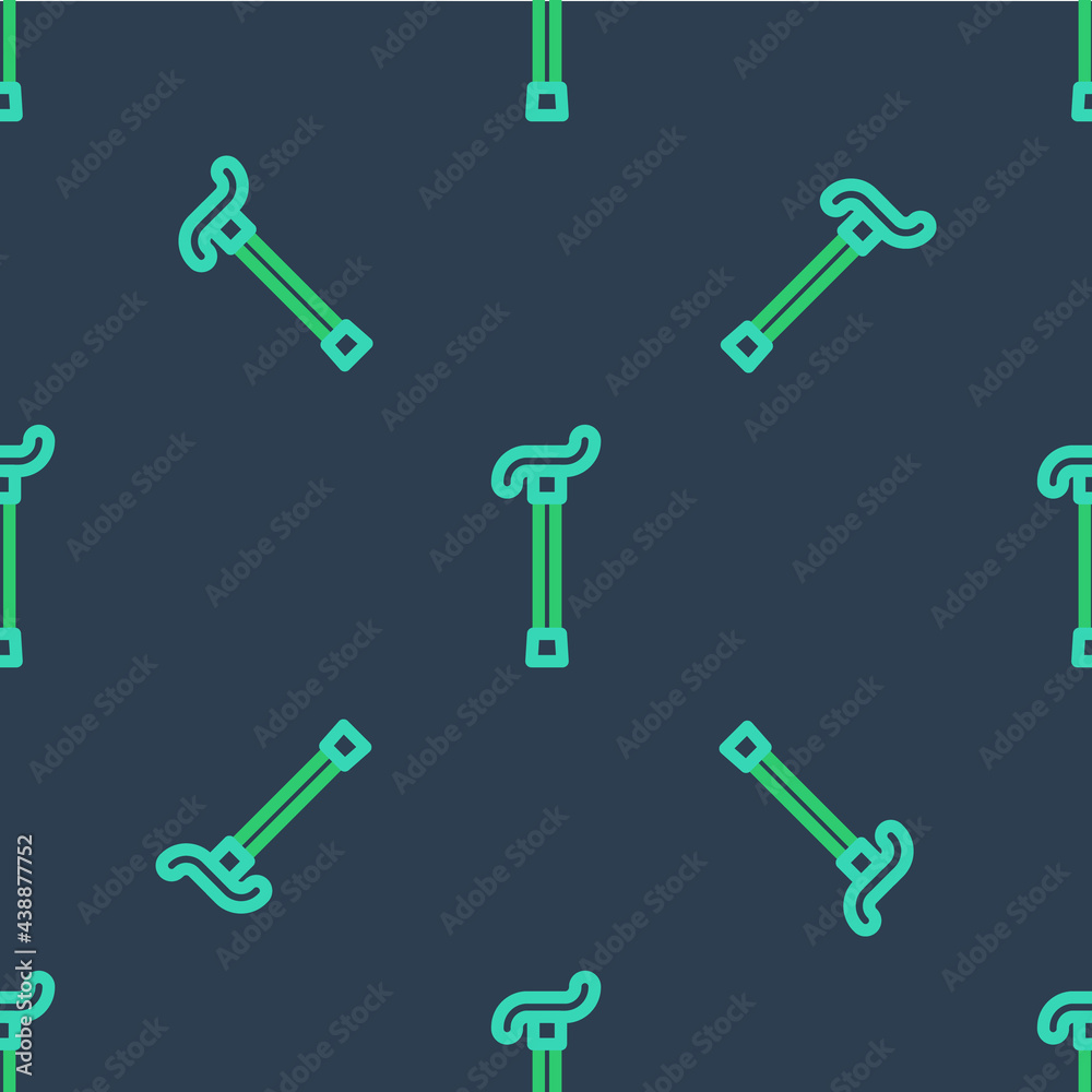 Sticker Line Walking stick cane icon isolated seamless pattern on blue background. Vector