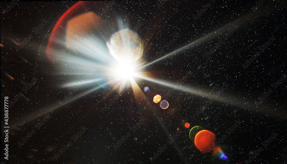 Aufkleber Easy to add lens flare effects for overlay designs or screen blending mode to make high-quality images. Abstract sun burst, digital flare, iridescent glare over starry sky background.