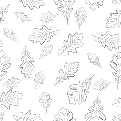 Seamless background with oak leaves, black and white, line art.