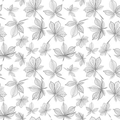 Seamless background with chestnut leaves, black and white, line art.