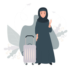 Beautiful Muslim woman in hijab travels with a suitcase on wheels. Stands in full growth on a decorative background with tropical leaves. Vector illustration. Oriental character concept for design