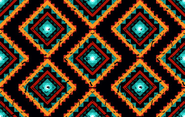 Ikat ethnic Indian seamless pattern design. Aztec fabric carpet mandala ornament native boho chevron textile decoration. Geometric African American style vector illustrations background.
