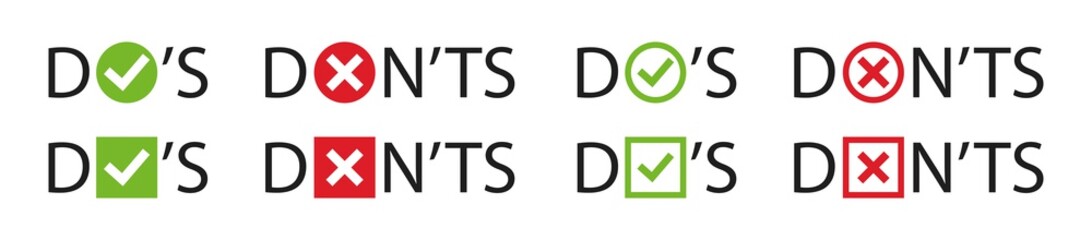 Do and Don't, check mark and cross vector icons set. Vector Do's and Don'ts checklist symbols in circle. Vector illustration.