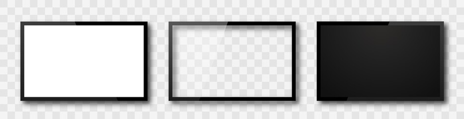 Realistic tv screen. Tv, lcd, led modern blank device mock up. Blank screen isolated. Television template isolated. Empty frame with shadow on transparent background. Vector illustration.	