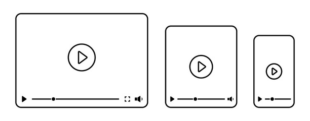Video player interface for different devices mobile, laptop and tablet screen. Video player template isolated on white background. Media window bar blank mockup. Vector illustration.  © Bohdan